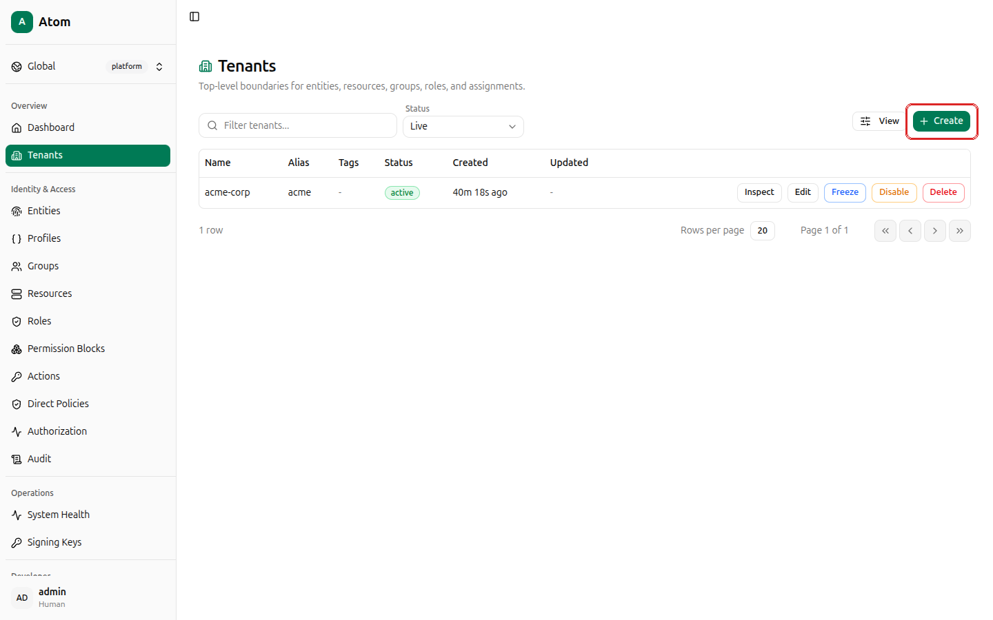 Tenants page, empty, with the Create button highlighted